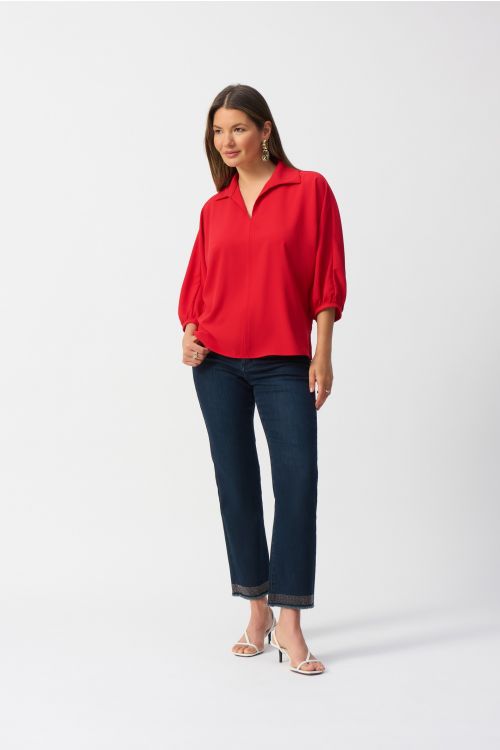 Joseph Ribkoff Radiant Red Boxy Top With Shirt Collar Style 241116