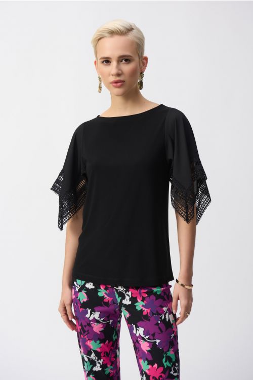 Joseph Ribkoff Black Silky Knit Straight Top With Lace Style 251117.