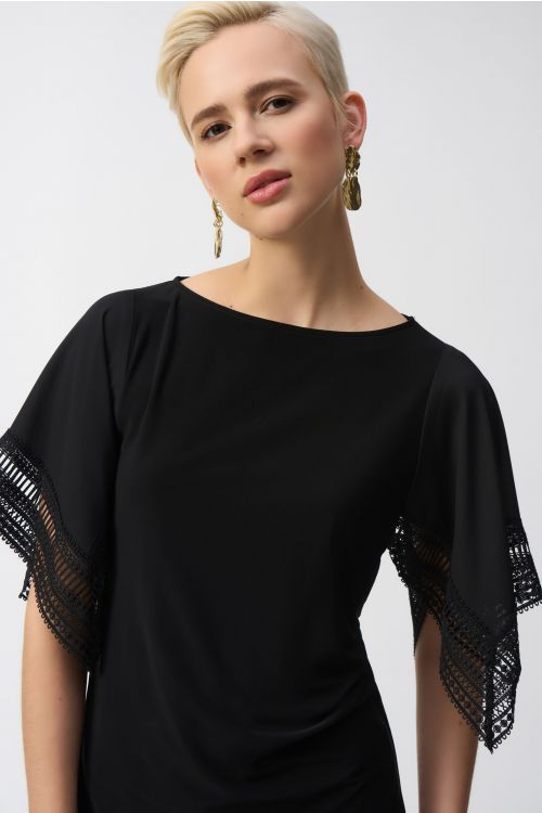 Joseph Ribkoff Black Silky Knit Straight Top With Lace Style 251117.