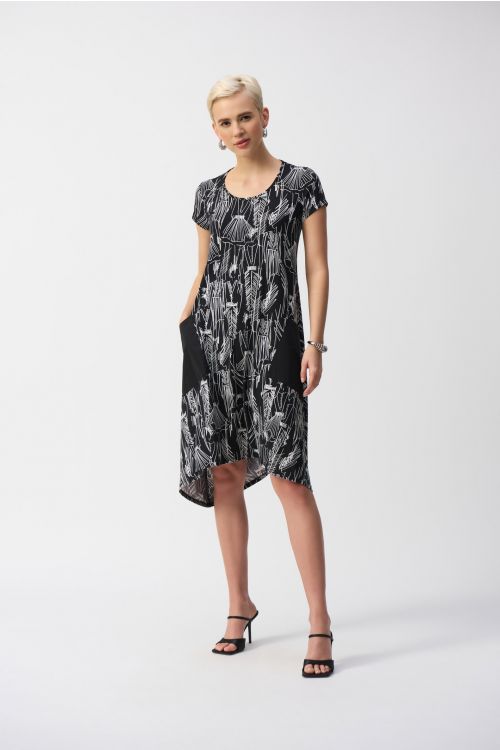 Joseph Ribkoff Black/Vanilla Conversasional Print Cocoon Dress Style 251140