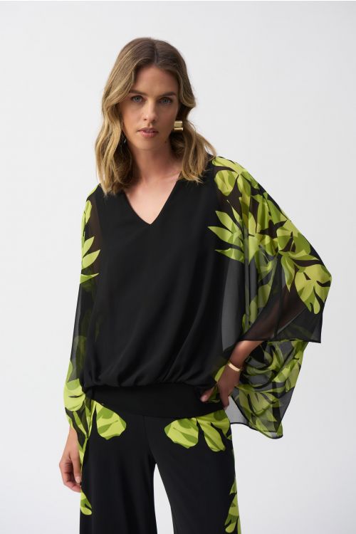 Joseph Ribkoff Black/Multi Chiffon And Silky Knit Floral Poncho Top Style 251147.