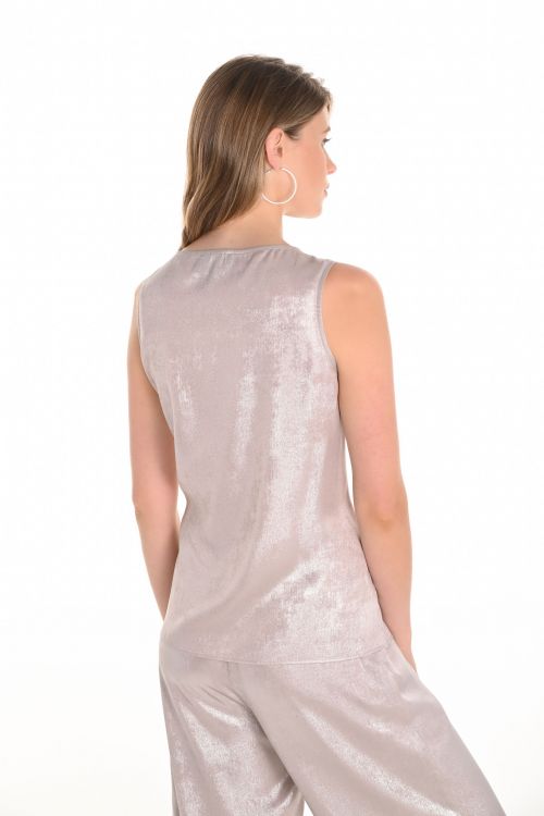 Frank Lyman Champagne/Silver Sleeveless Foil Print V-Neck Top Style 25151