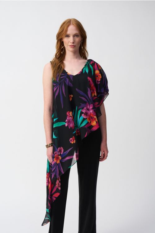 Joseph Ribkoff Black/Multi Silky Knit Jumpsuit With Tropical Chiffon Overlay Style 251152.