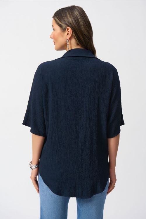 Joseph Ribkoff Midnight Blue Seersucker Boxy High-Low Top Style 251165