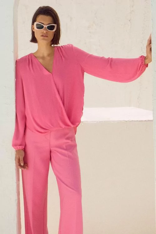 Joseph Ribkoff Bubble Gum Georgette Boxy Wrap Top Style 251172