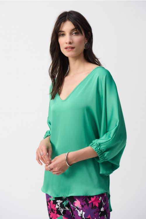 Joseph Ribkoff Garden Green Satin High-Low Boxy Top Style 251191.