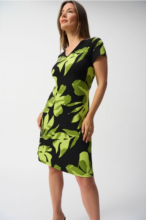 Joseph Ribkoff Black/Multi Silky Knit Tropical Print A-Line Dress Style 251200.