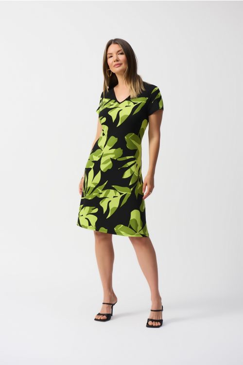 Joseph Ribkoff Black/Multi Silky Knit Tropical Print A-Line Dress Style 251200.