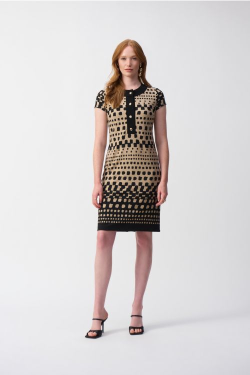 Joseph Ribkoff Black/DuneSilky Knit Geometric Print Shift Dress Style 251207.