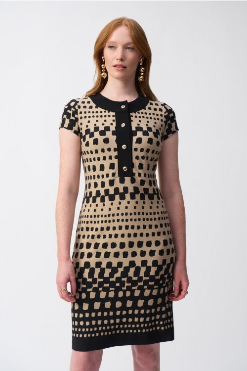 Joseph Ribkoff Black/DuneSilky Knit Geometric Print Shift Dress Style 251207.