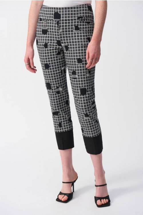 Joseph Ribkoff Vanilla/Multi Plaid and Dot Print Crop Pants Style 251210