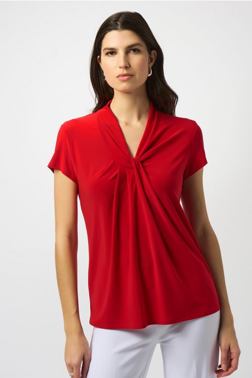 Joseph Ribkoff Radiant Red Silky Knit Draped Neckline Straight Top Style 251230