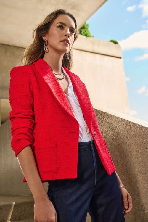 Joseph Ribkoff Radiant Red Bouclé Fitted Blazer Style 251239