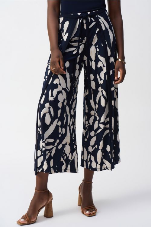 Joseph Ribkoff Midnight Blue/Beige Silky Knit Abstract Print Wide Leg Pants Style 251252