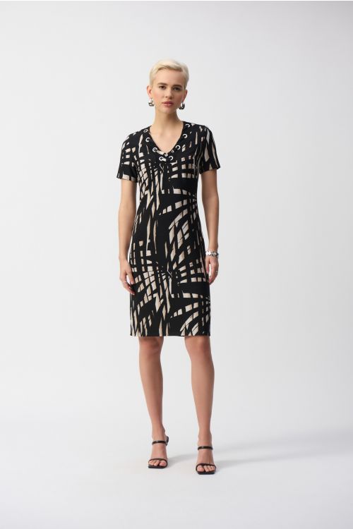 Joseph Ribkoff Black/Multi Silky Knit Tropical Print Shift Dress Style 251266.