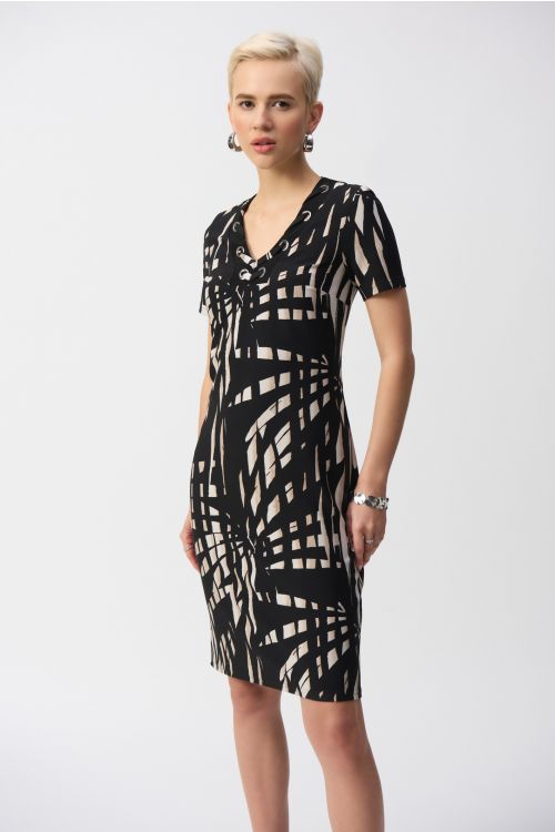 Joseph Ribkoff Black/Multi Silky Knit Tropical Print Shift Dress Style 251266.