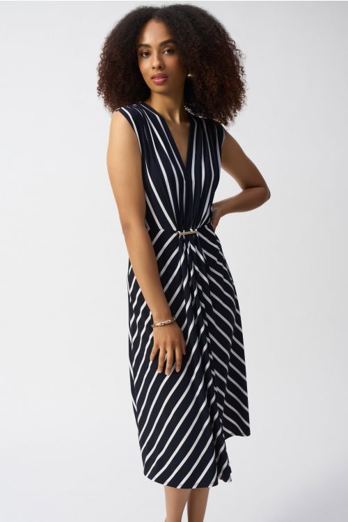 Joseph Ribkoff Midnight Blue/Vanilla Silky Knit Stripe Fit and Flare Dress Style 251295.