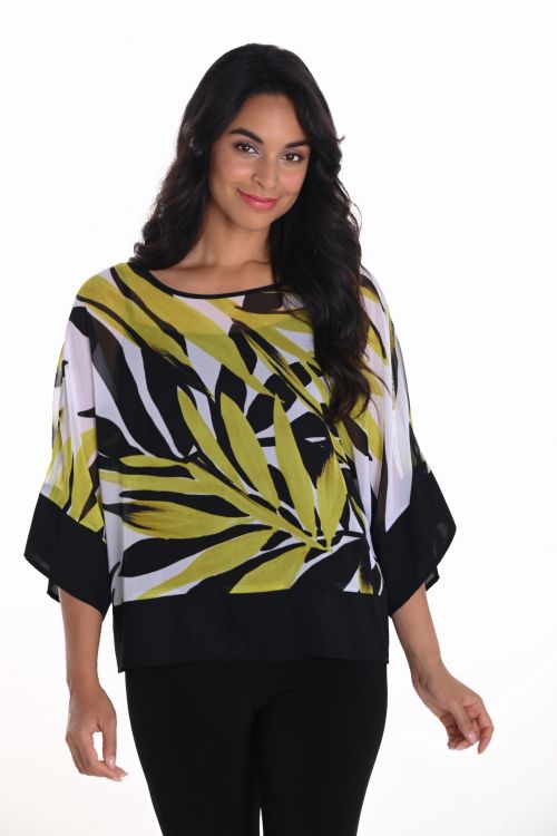 Frank Lyman Chartreuse/Black Leaf Print Top Style 251323