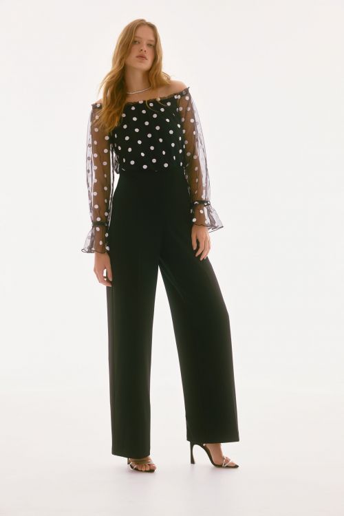 Joseph Ribkoff Black/White Dot Mesh And Scuba Crepe Jumpsuit Style 251708