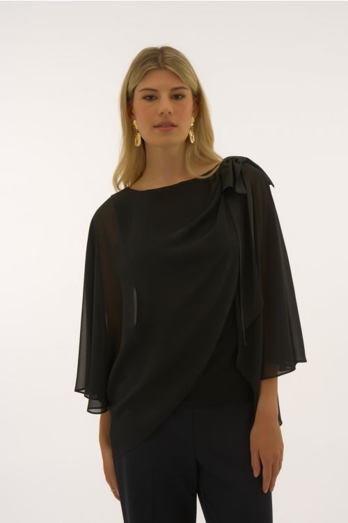 Joseph Ribkoff Black Chiffon and Silky Knit Poncho Top Style 251739