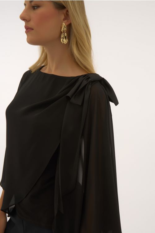 Joseph Ribkoff Black Chiffon and Silky Knit Poncho Top Style 251739