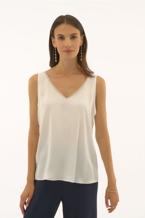 Joseph Ribkoff Signature | Satin Sleeveless Top with Rhinestone Trim Style 251741.