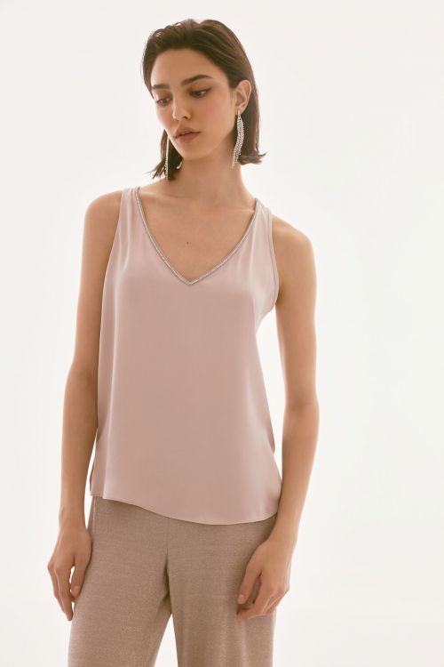 Joseph Ribkoff Sand Satin Sleeveless Top with Rhinestone Trim Style 251741.