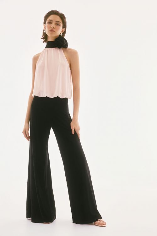 Joseph Ribkoff Black/Quartz Silky Knit and Chiffon Wide Leg Jumpsuit Style 251745.