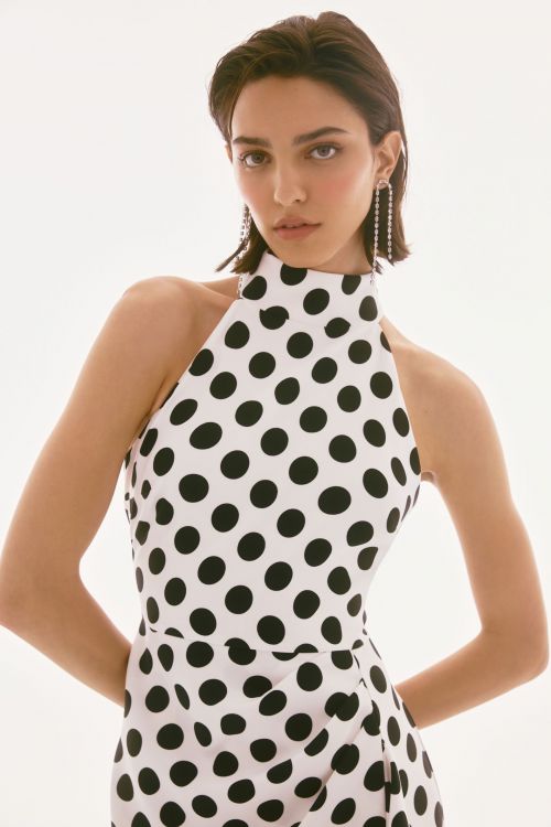 Joseph Ribkoff Vanilla/Black Lux Twill Dot Print Halter Dress Style 251759.