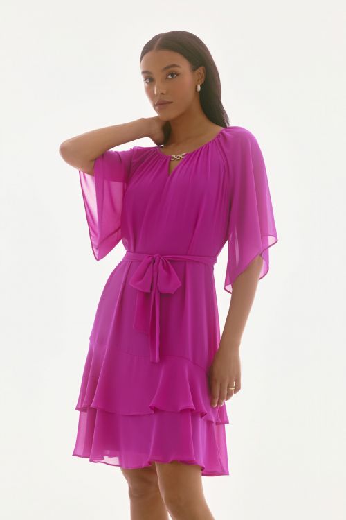 Joseph Ribkoff Purple Orchid Chiffon Belted A-Line Dress Style 251765