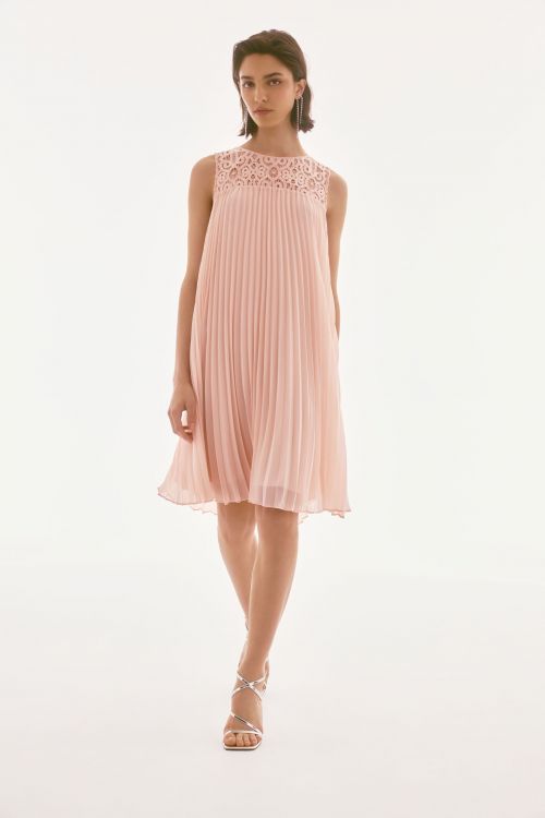 Joseph Ribkoff Chiffon and Lace Sleeveless Quartz Pleated Dress Style 251767.