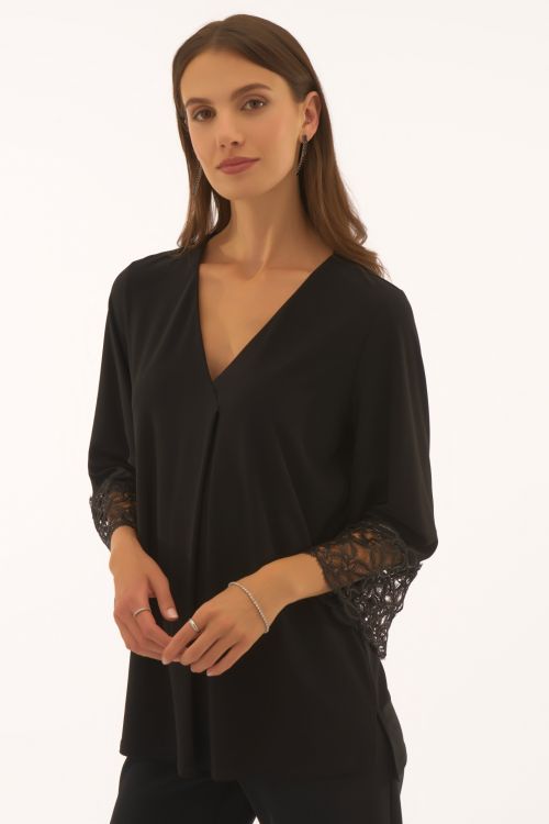 Joseph Ribkoff Black Silky Knit Straight Top With Lace Detail Style 251785.