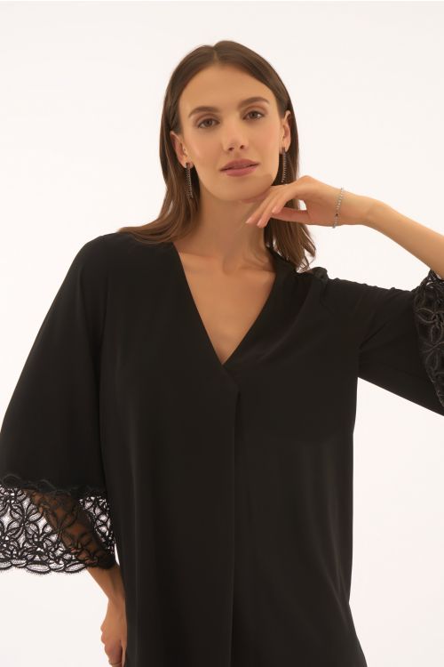 Joseph Ribkoff Black Silky Knit Straight Top With Lace Detail Style 251785.