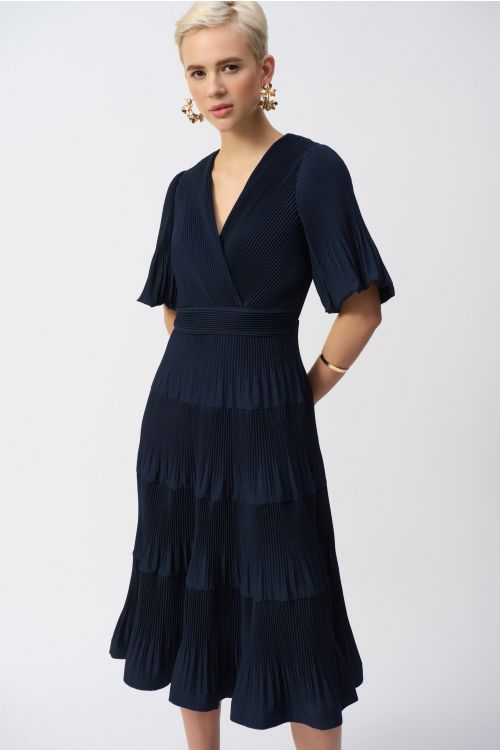 Joseph Ribkoff Midnight Blue Pleated Woven Fit And Flare Dress Style 251905.