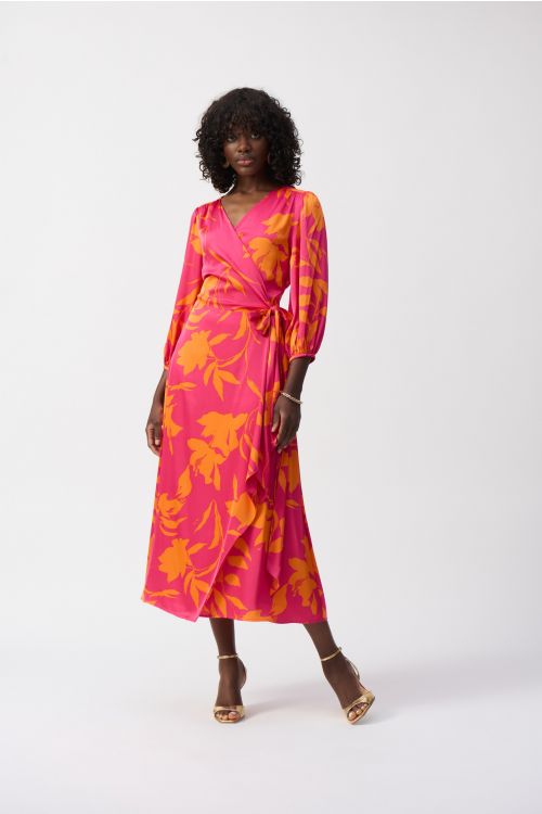 Joseph Ribkoff Pink/Orange Satin Floral Print Wrap Dress Style 251906.