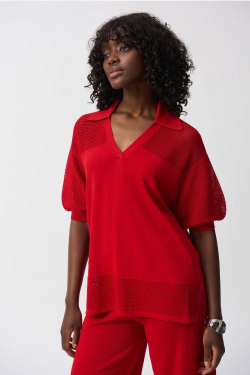 Joseph Ribkoff Radiant Red Sweater Knit Pullover With Pointelle Detail Style 251925.