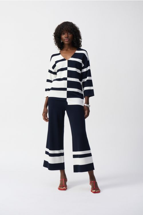 Joseph Ribkoff Midnight Blue/Vanilla Placement Stripe Sweater Knit Culotte Style 251945.