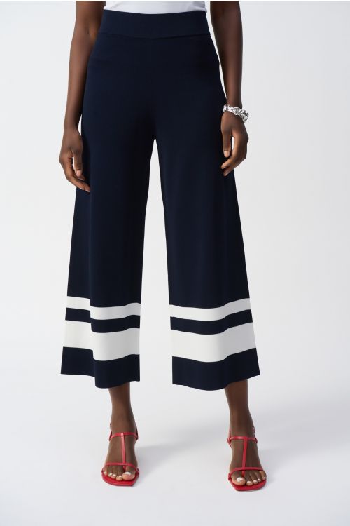 Joseph Ribkoff Midnight Blue/Vanilla Placement Stripe Sweater Knit Culotte Style 251945.