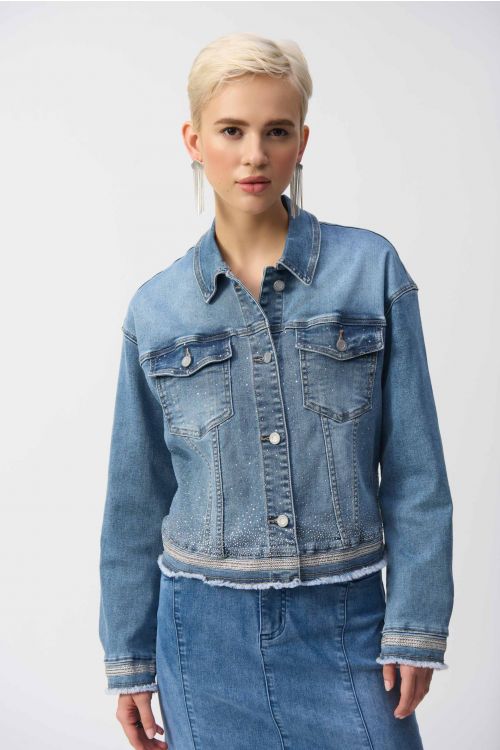 Joseph Ribkoff VIntage Blue Stretch Denim Jacket with Embroidery Style 251953.