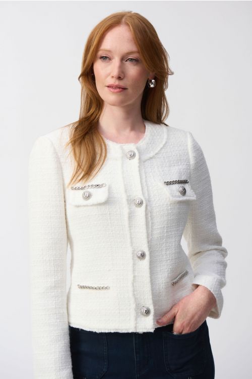 Joseph Ribkoff Winter White Bouclé Jacket with Chain Detail Style 251972