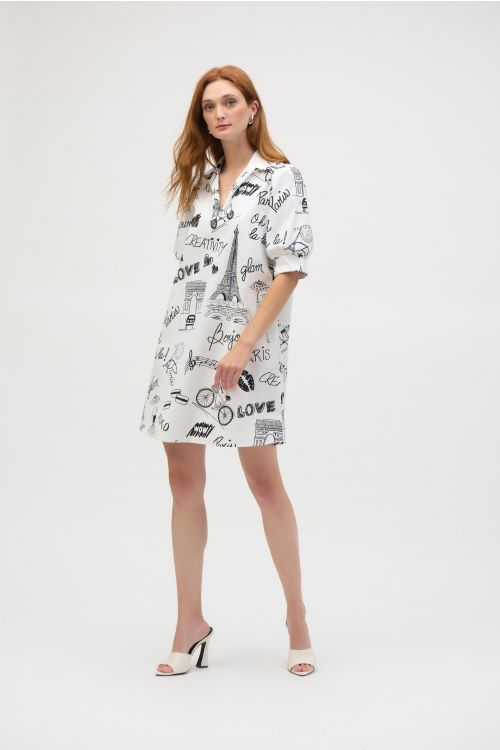 Joseph Ribkoff Vanilla/Black Poplin Conversational Print A-Line Dress Style 252019.