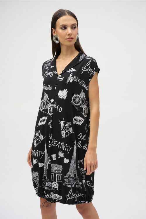 Joseph Ribkoff Black/Vanilla Silky Knit Conversational Print Cocoon Dress Style 252025.