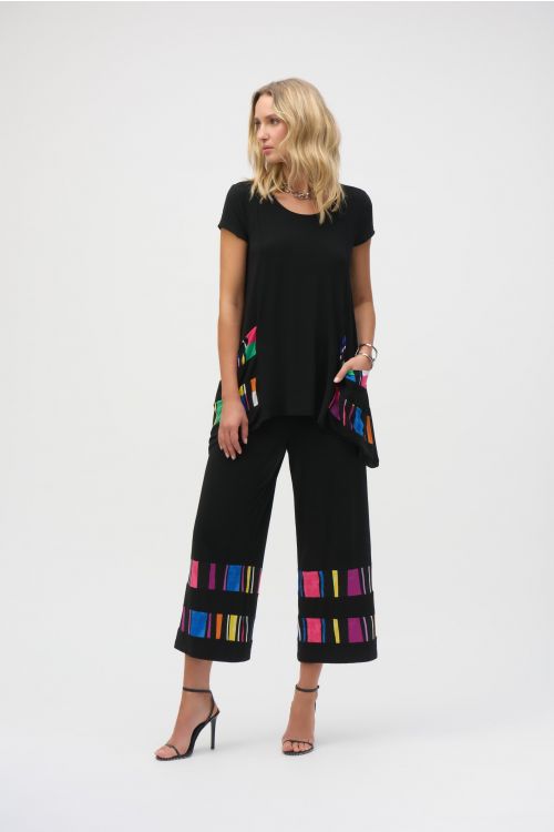 Joseph Ribkoff Black/Multi Silky Knit Stripe Print Culotte Pants Style 252051.