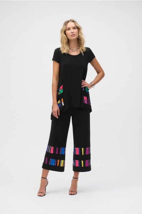 Joseph Ribkoff Black/Multi Silky Knit Stripe Print Culotte Pants Style 252054.