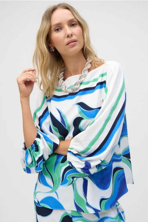 Joseph Ribkoff Vanilla/Multi Woven Abstract Print Boxy Top Style 252085.