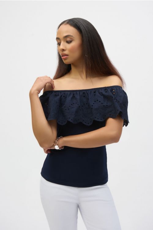 Joseph Ribkoff Midnight Blue Eyelet Lace Off-Shoulder Top Style 252134