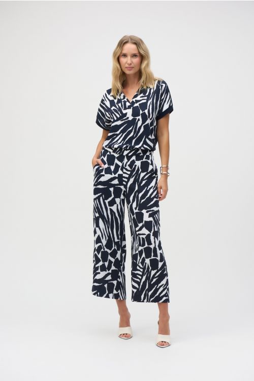 Joseph Ribkoff Vanilla/Midnight Blue Woven Abstract Print Pull-On Culotte Pants Style 252145.