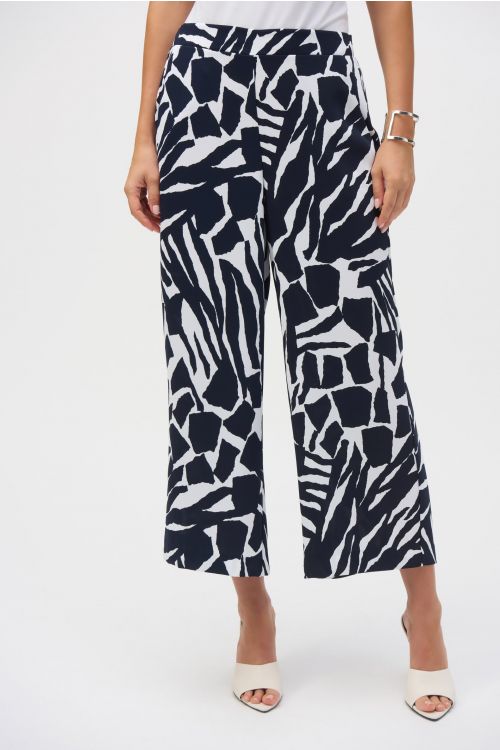 Joseph Ribkoff Vanilla/Midnight Blue Woven Abstract Print Pull-On Culotte Pants Style 252145.