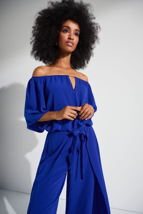 Joseph Ribkoff Royal Sapphire Off-Shoulder Culotte Jumpsuit Style 252170