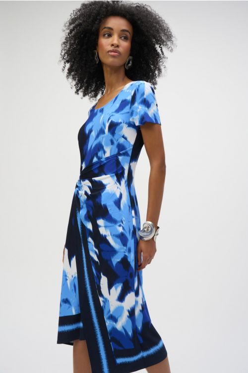 Joseph Ribkoff Blue/Vanilla Silky Knit Tropical Print Sheath Dress Style 252179.